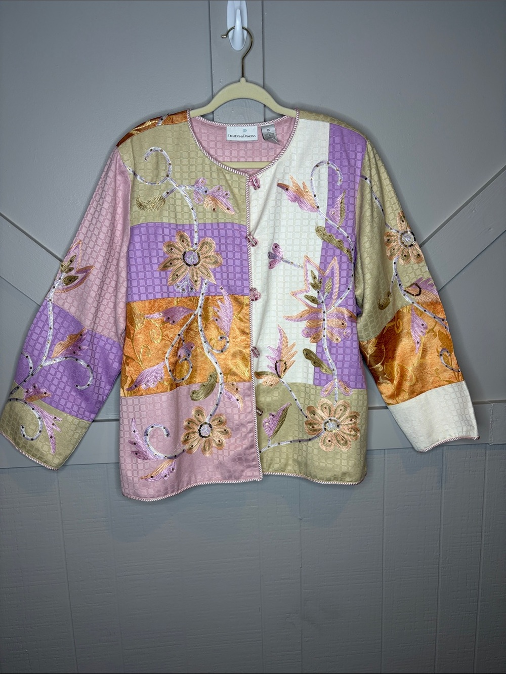 Draper’s & Damon’s Embroidered Patchwork Jacket Size 1X Artsy Floral Pastel Boho